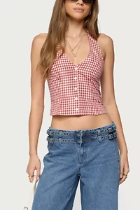 Edikted Evan Gingham Button Up Halter Top
