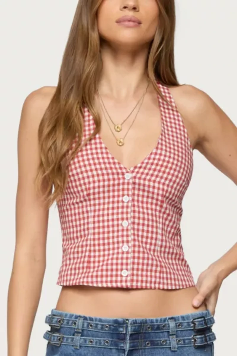 Edikted Evan Gingham Button Up Halter Top