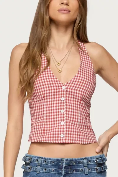 Edikted Evan Gingham Button Up Halter Top