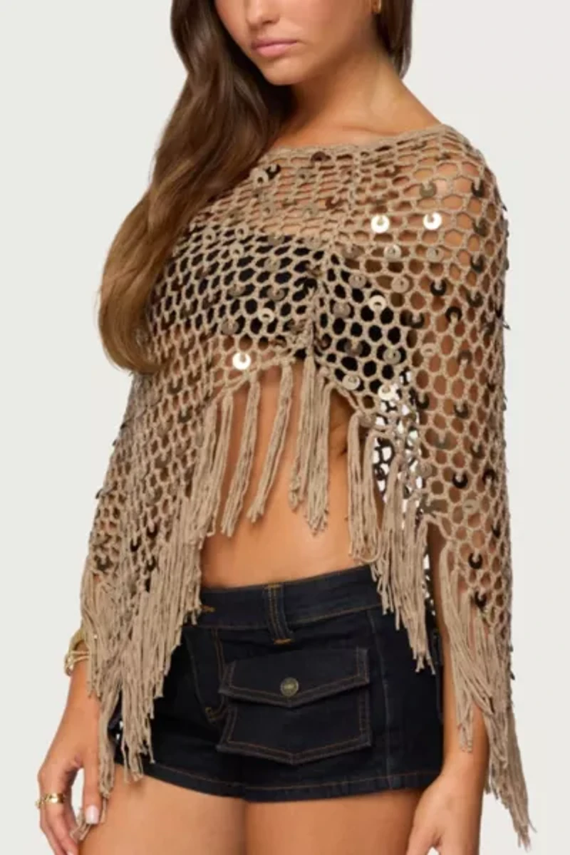 Edikted Fringe Sequin Crochet Poncho