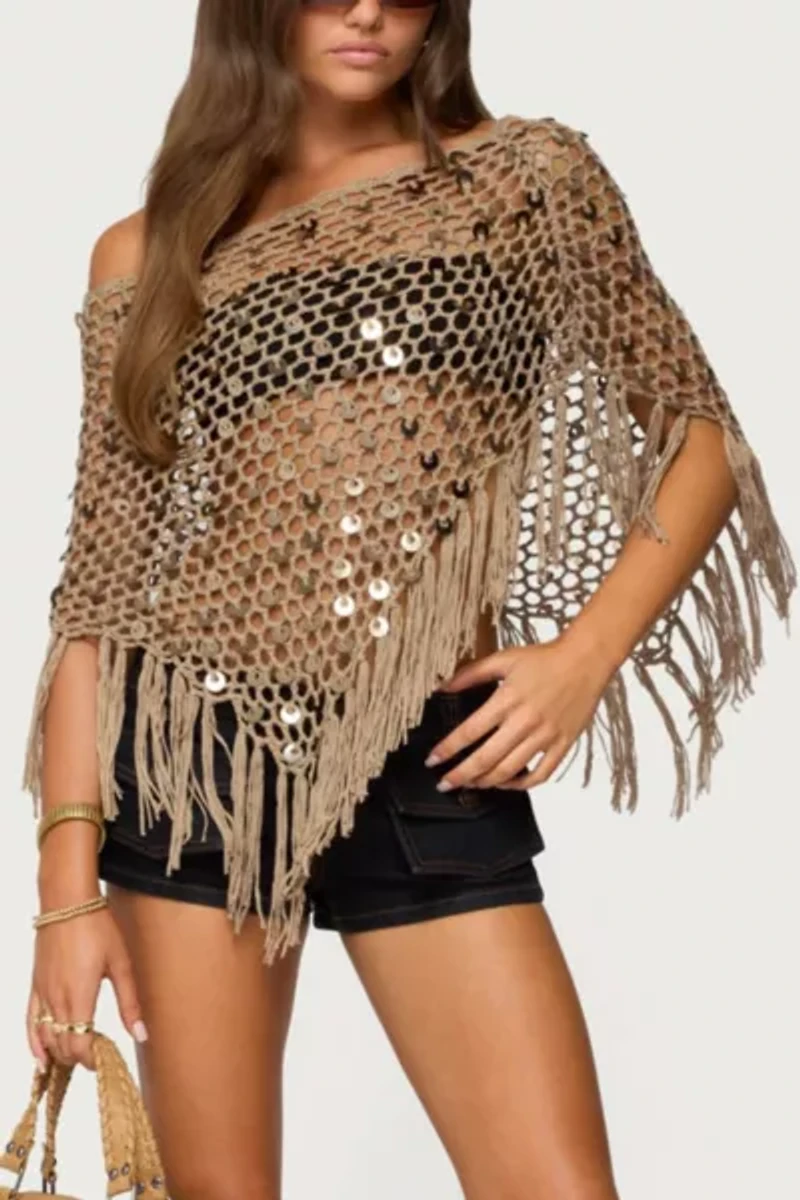 Edikted Fringe Sequin Crochet Poncho