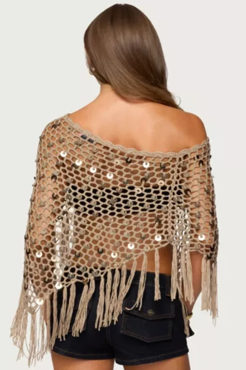 Edikted Fringe Sequin Crochet Poncho