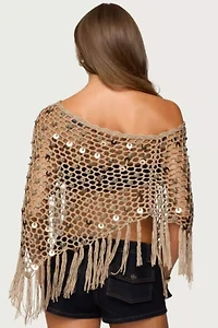Edikted Fringe Sequin Crochet Poncho