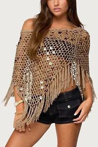 Edikted Fringe Sequin Crochet Poncho