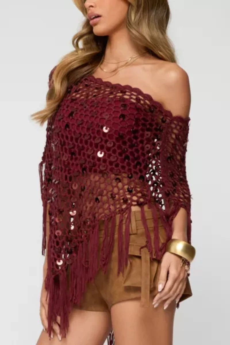 Edikted Fringe Sequin Crochet Poncho