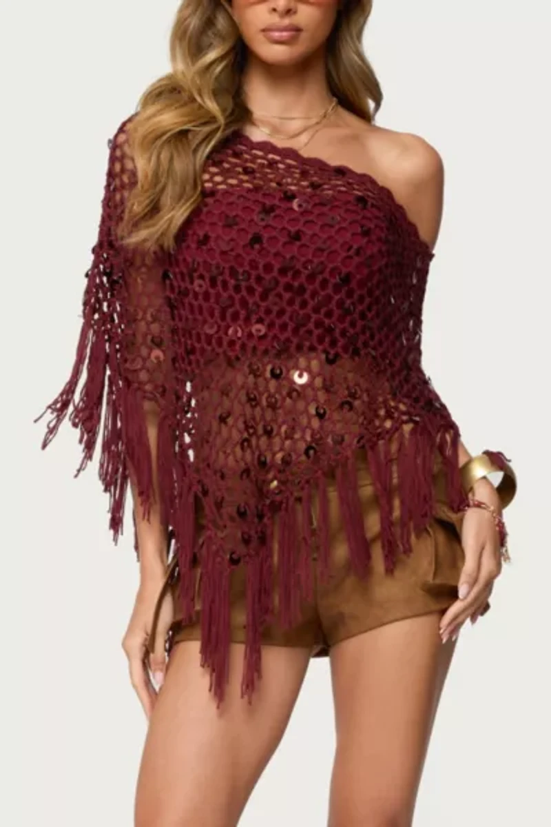 Edikted Fringe Sequin Crochet Poncho