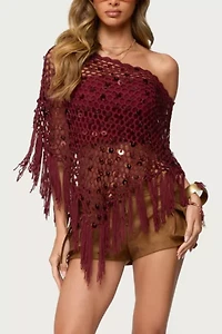 Edikted Fringe Sequin Crochet Poncho
