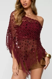 Edikted Fringe Sequin Crochet Poncho