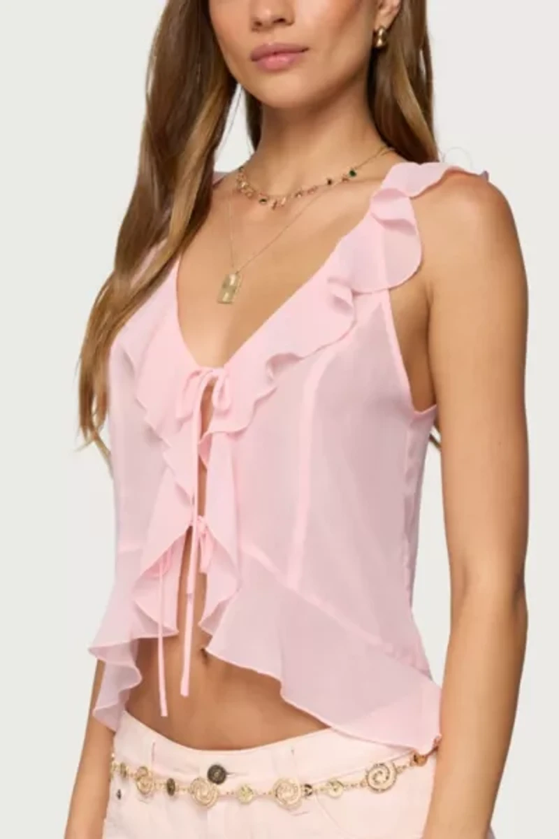 Edikted Roxan Ruffle Chiffon Tie Front Top