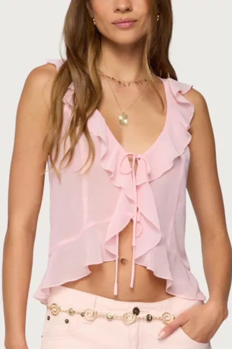 Edikted Roxan Ruffle Chiffon Tie Front Top