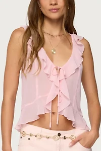 Edikted Roxan Ruffle Chiffon Tie Front Top