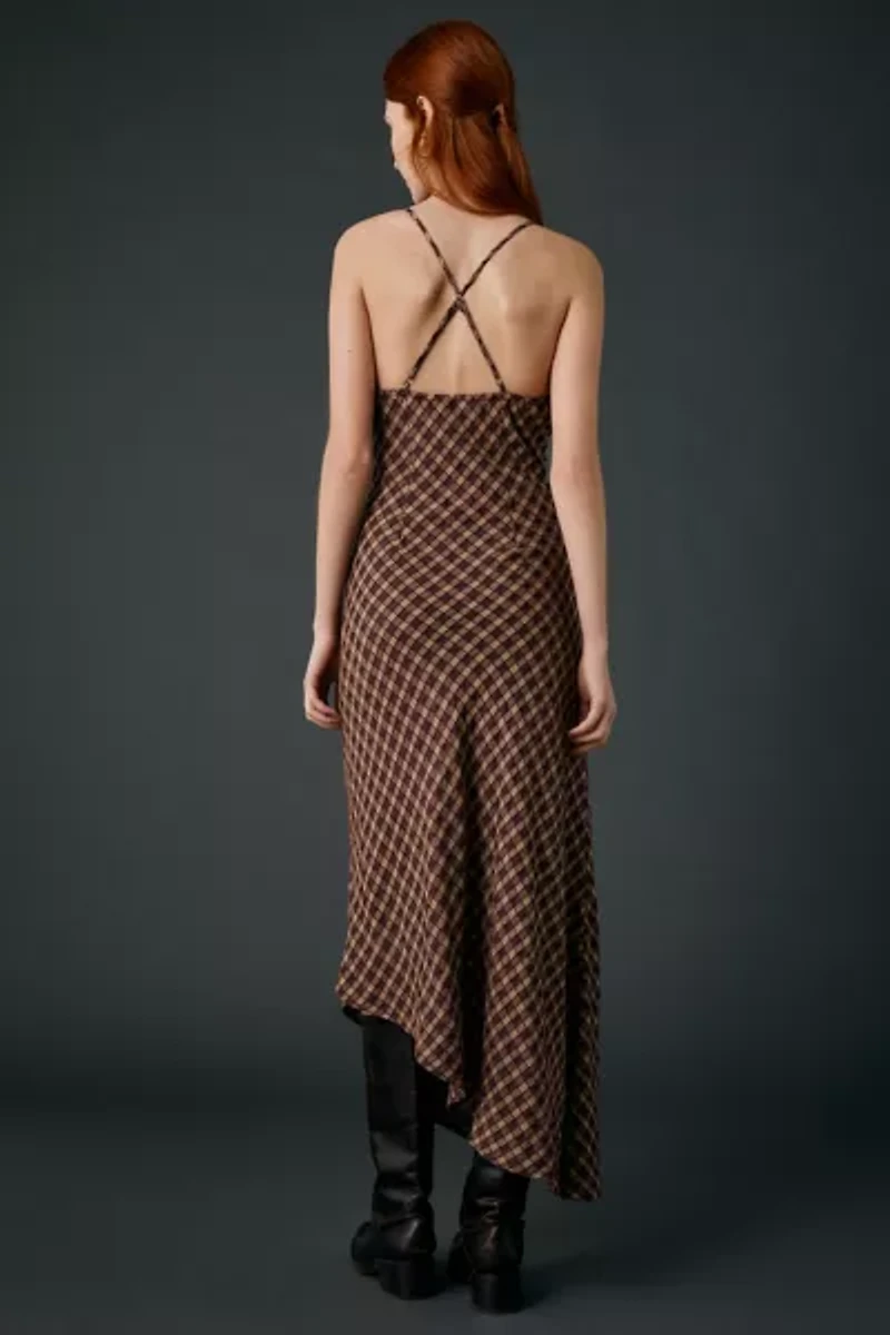 UO Ember Plaid Asymmetric Slip Midi Dress