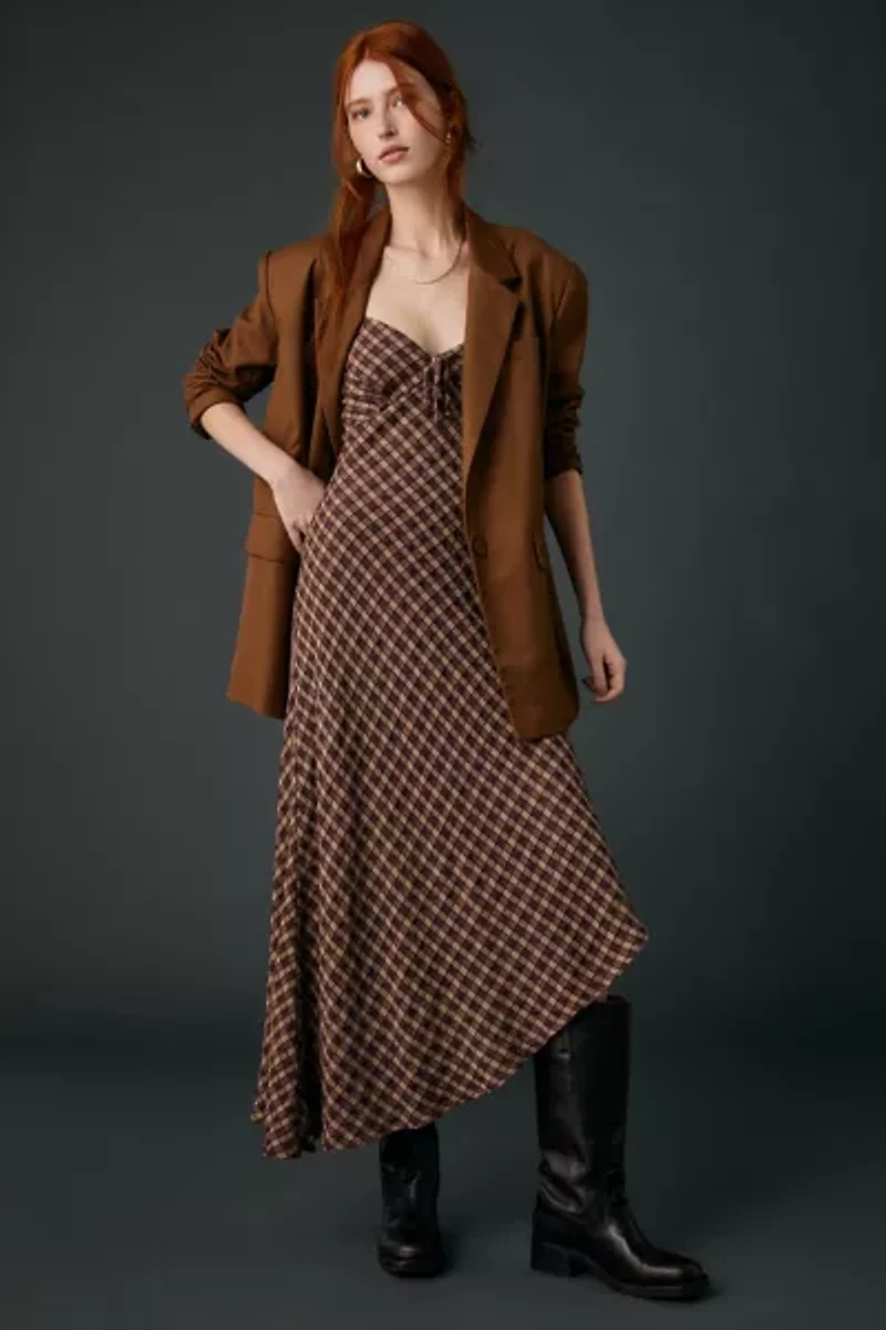 UO Ember Plaid Asymmetric Slip Midi Dress