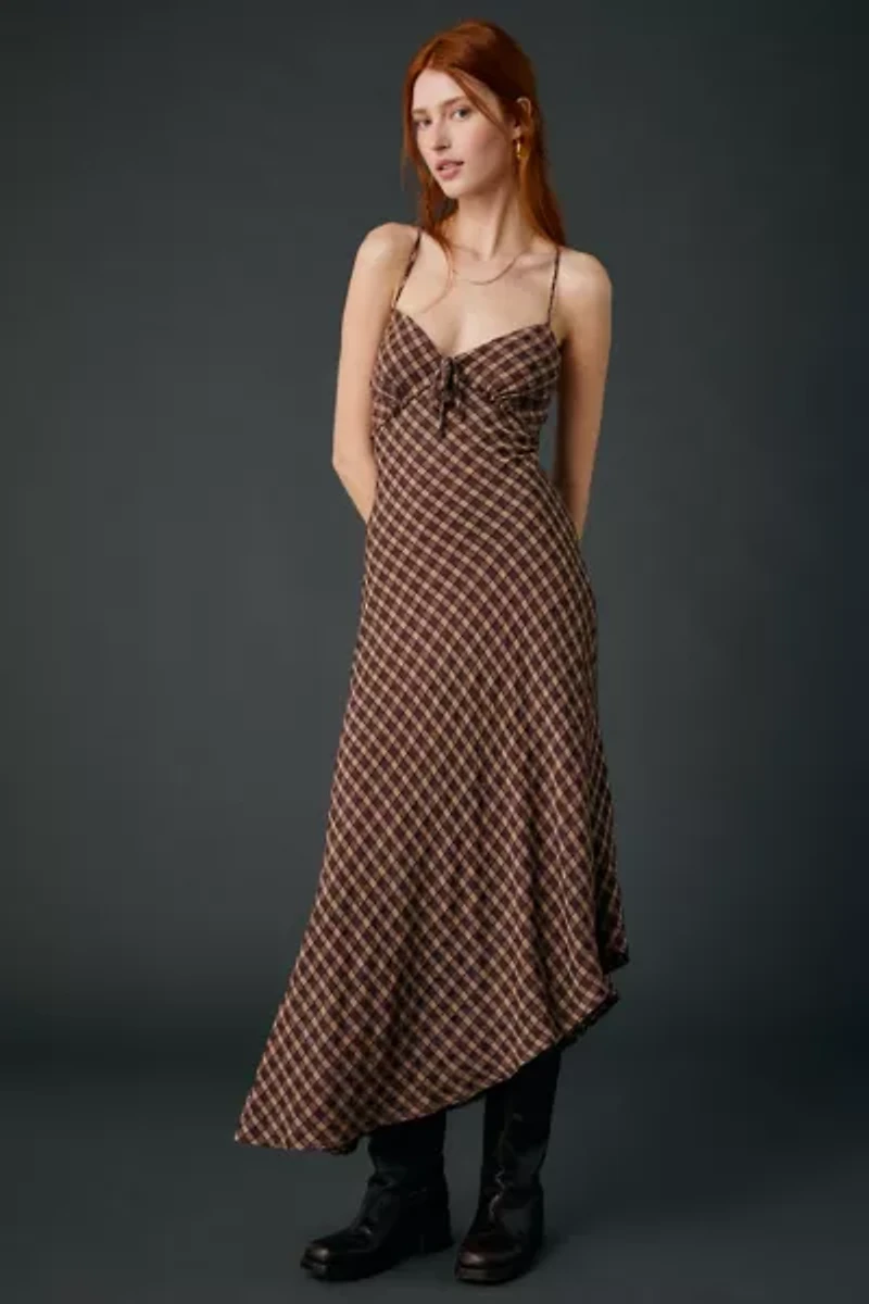 UO Ember Plaid Asymmetric Slip Midi Dress