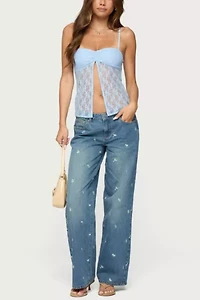 Edikted Edna Floral Embroidered Low Rise Jeans