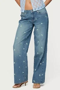 Edikted Edna Floral Embroidered Low Rise Jeans