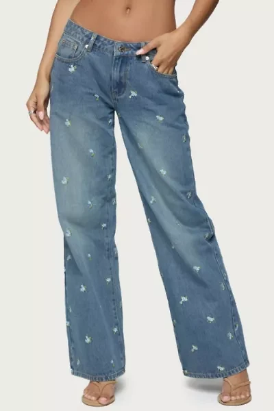 Edikted Edna Floral Embroidered Low Rise Jeans