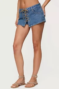 Edikted Olivera Lace Up Denim Mini Skort