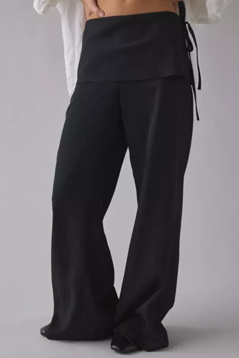 UO Side-Tie Foldover Mid-Rise Wide Leg Trouser