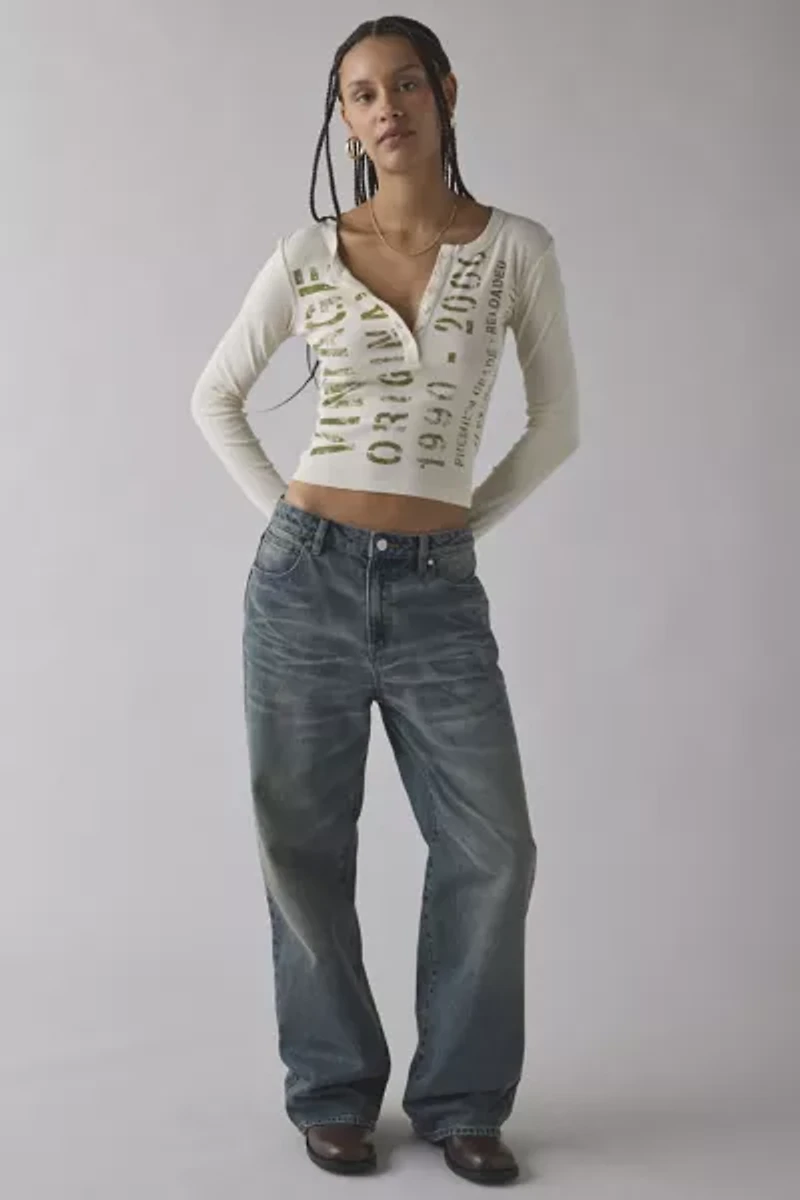 Vintage Stencil Graphic Long Sleeve Henley Tee