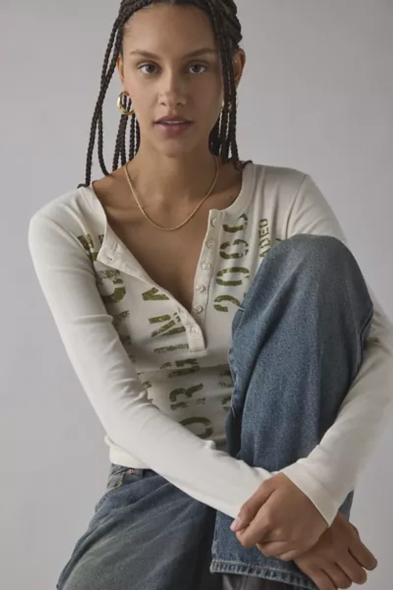 Vintage Stencil Graphic Long Sleeve Henley Tee