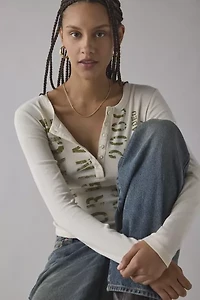 Vintage Stencil Graphic Long Sleeve Henley Tee