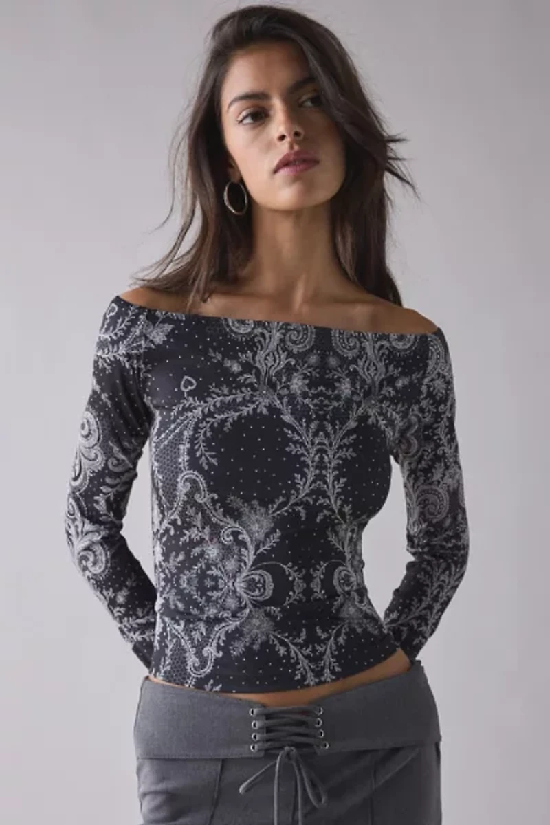 Rococo Lace Graphic Long Sleeve Off-The-Shoulder Tee