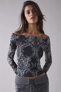 Rococo Lace Graphic Long Sleeve Off-The-Shoulder Tee