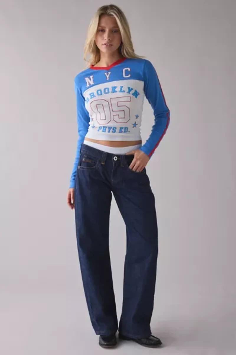 Brooklyn Jersey Graphic Colorblock V-Neck Long Sleeve Tee