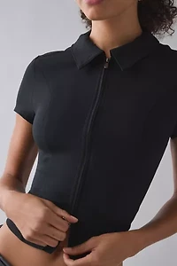 UO Ledia Slim Short Sleeve Zip-Front Shirt