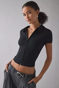 UO Ledia Slim Short Sleeve Zip-Front Shirt