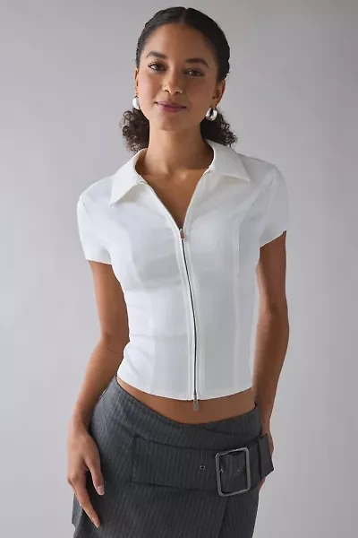 UO Ledia Slim Short Sleeve Zip-Front Shirt