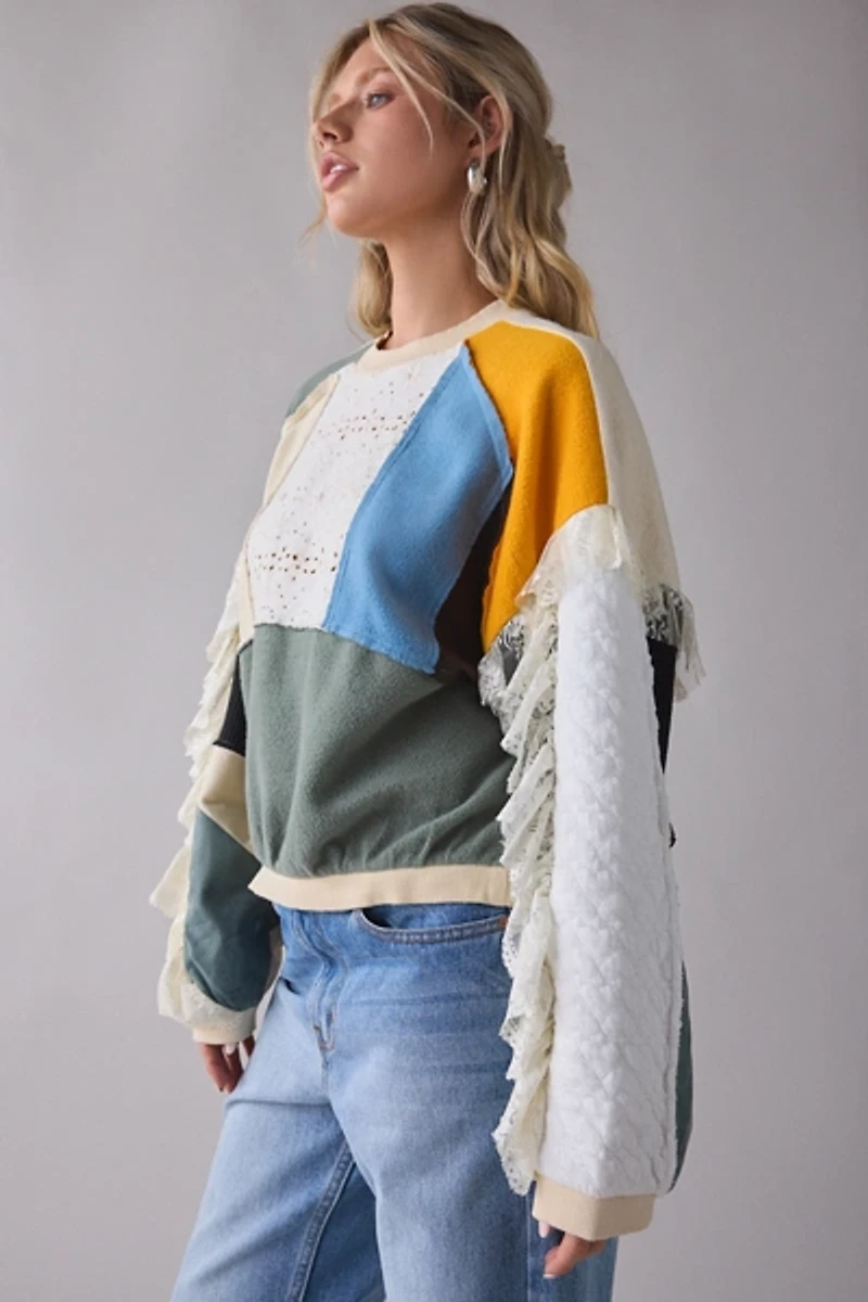 BDG Cooper Lace Trim Patchwork Crew Neck Pullover