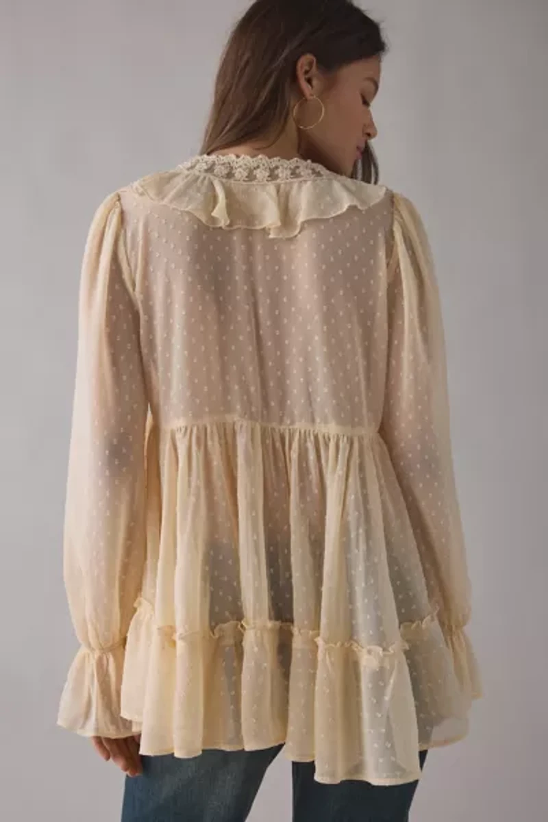 Kimchi Blue Mona Sheer Clip Dot Ruffle Babydoll Tunic Blouse