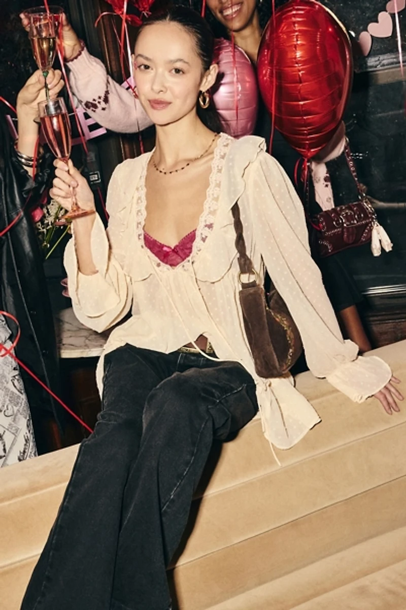 Kimchi Blue Mona Sheer Clip Dot Ruffle Babydoll Tunic Blouse