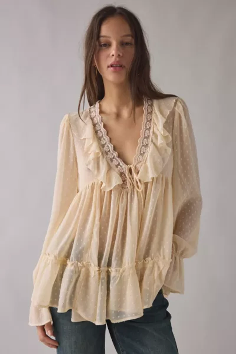 Kimchi Blue Mona Sheer Clip Dot Ruffle Babydoll Tunic Blouse