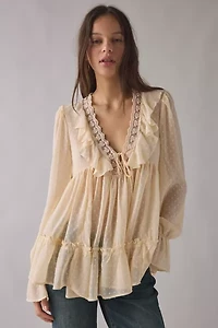 Kimchi Blue Mona Sheer Clip Dot Ruffle Babydoll Tunic Blouse