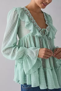 Kimchi Blue Mona Sheer Clip Dot Ruffle Babydoll Tunic Blouse