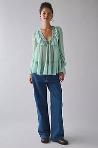 Kimchi Blue Mona Sheer Clip Dot Ruffle Babydoll Tunic Blouse