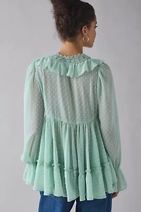 Kimchi Blue Mona Sheer Clip Dot Ruffle Babydoll Tunic Blouse