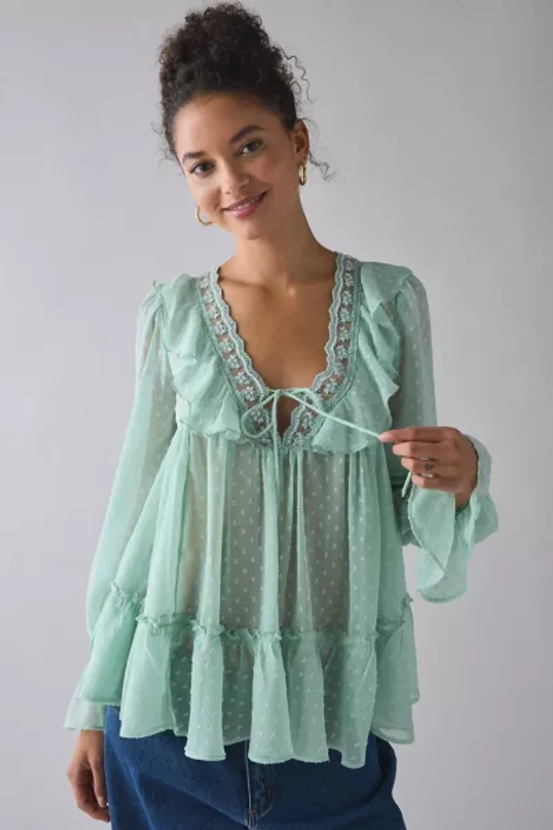 Kimchi Blue Mona Sheer Clip Dot Ruffle Babydoll Tunic Blouse