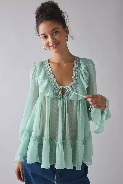 Kimchi Blue Mona Sheer Clip Dot Ruffle Babydoll Tunic Blouse