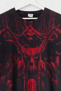 Vintage Y2K All Over Print Skull Motorcycle Graphic T-Shirt Distressed