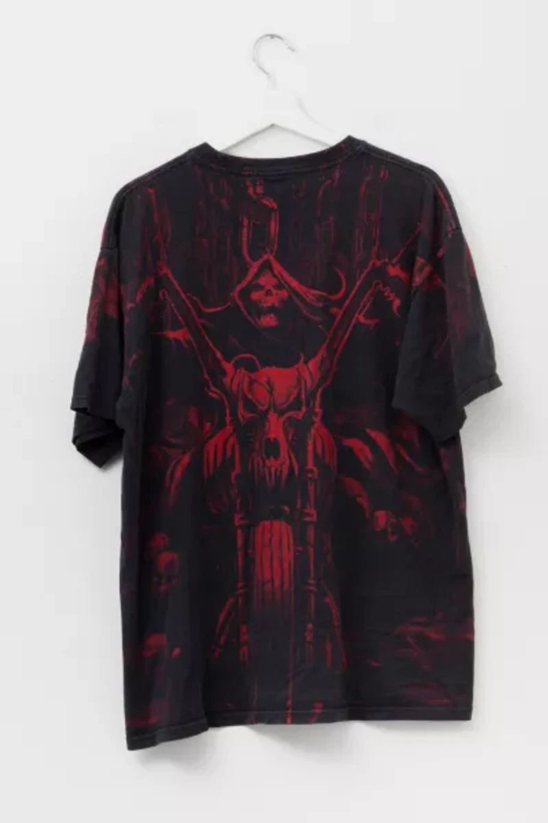 Vintage Y2K All Over Print Skull Motorcycle Graphic T-Shirt Distressed