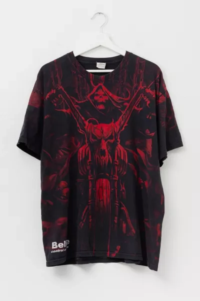 Vintage Y2K All Over Print Skull Motorcycle Graphic T-Shirt Distressed