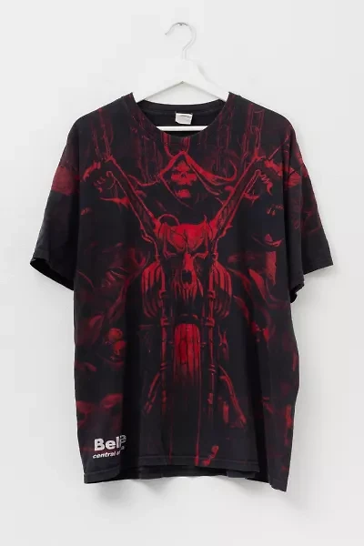Vintage Y2K All Over Print Skull Motorcycle Graphic T-Shirt Distressed