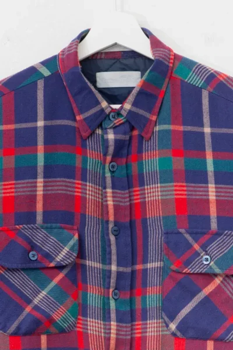 Vintage 1980s Distressed Blue Blanket Lined Plaid Button Up Shirt