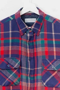 Vintage 1980s Distressed Blue Blanket Lined Plaid Button Up Shirt