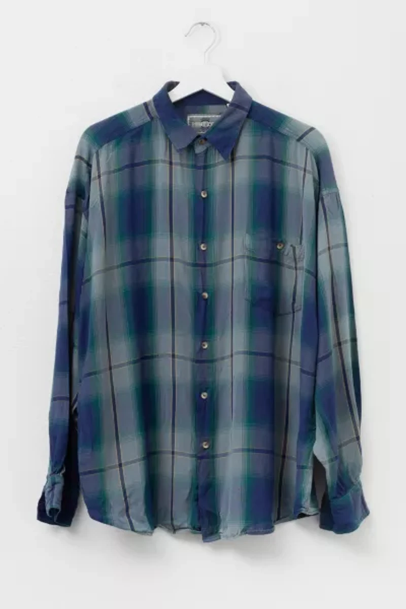 Vintage 1990s Navy Blue Plaid Rayon Button Up Shirt