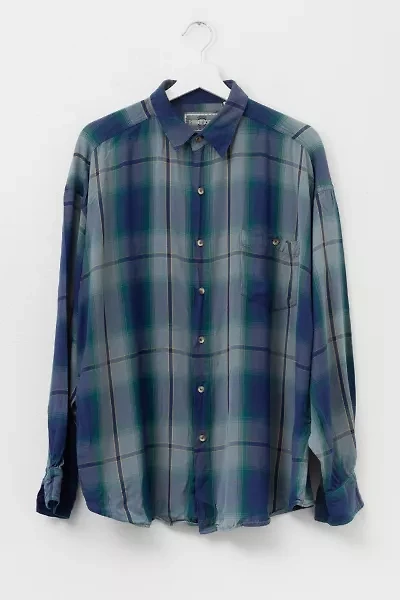 Vintage 1990s Navy Blue Plaid Rayon Button Up Shirt